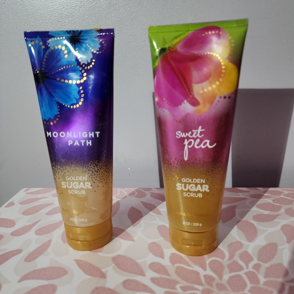 Bath & body works golden sugar scrub set of 2 sweet pea & moonlight path